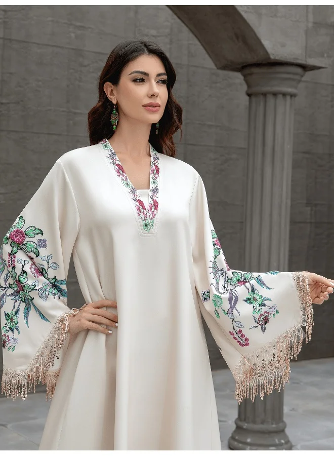 Madam Uniq Beige Floral - Embroidered Maxi Kaftan Dress with Fringed Sleeves