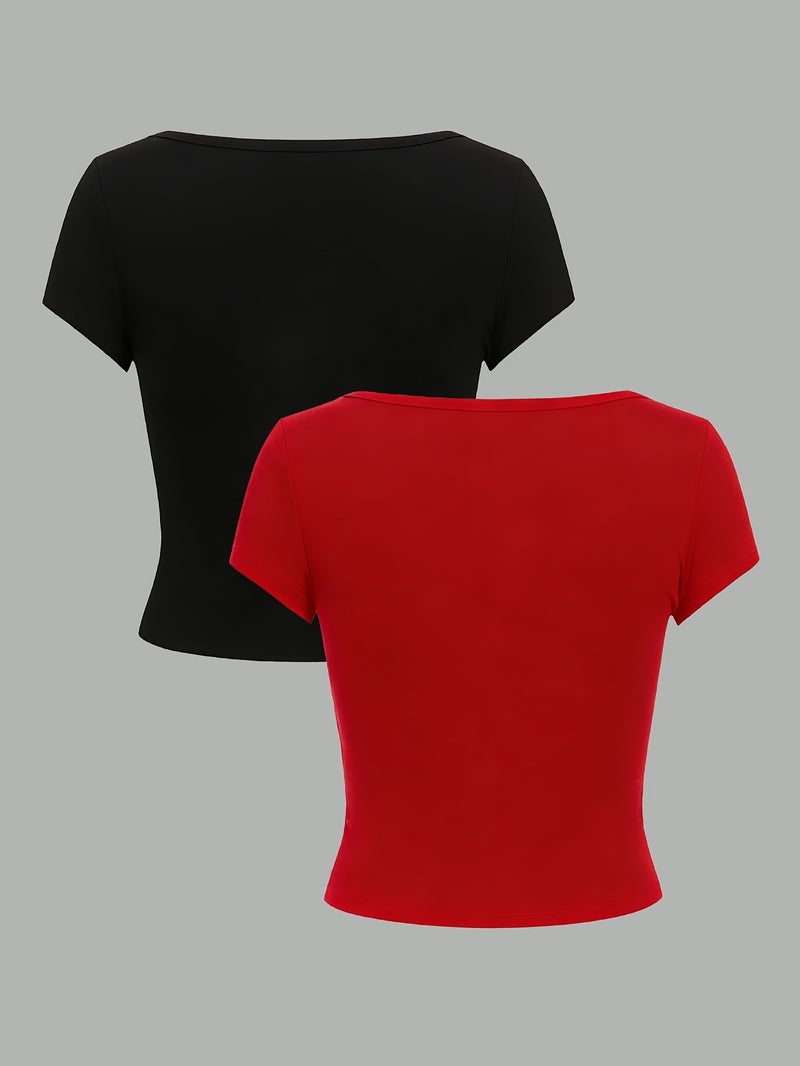 2pcs Women'S Round Neck Short - Sleeved Slim - Fit Short Top, Spring, Summer And Autumn - Red+Black / XS - Image 2
