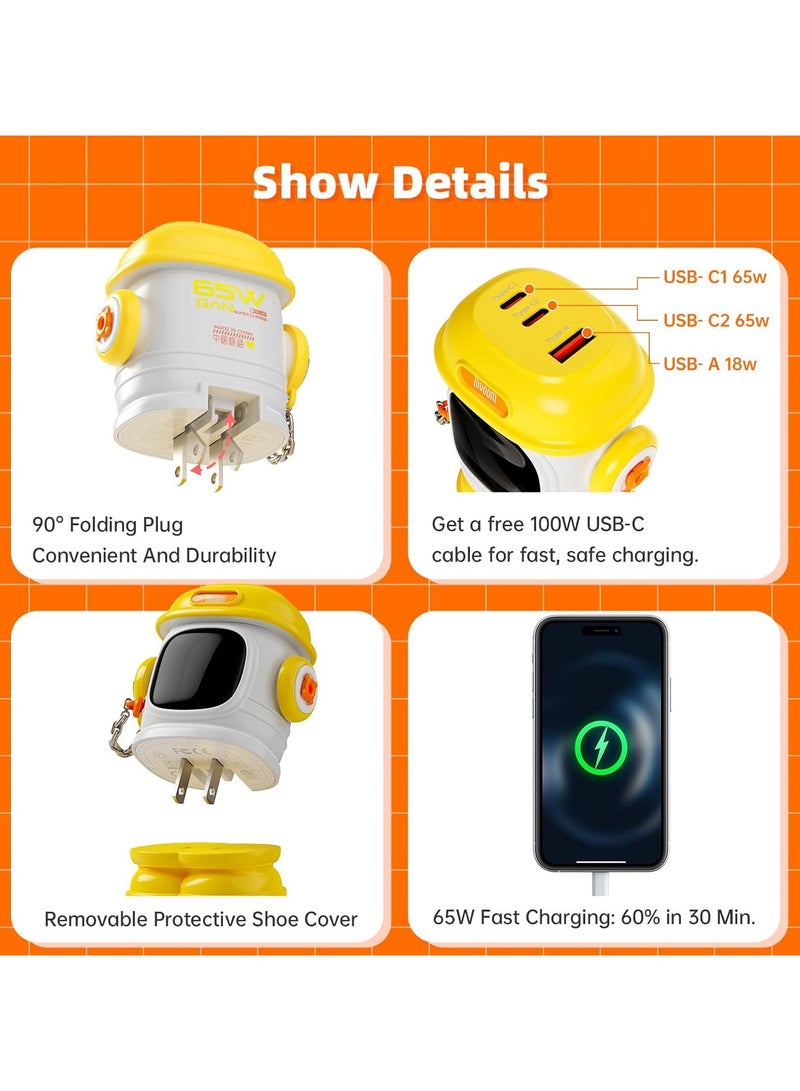 Divoom Dipow 65W USB-C Charger 3-Port Fast GaN Charger with DIY Pixel Display Foldable Compact Wall Block Power Adapter for iPhone 16/15 MacBook iPad Galaxy S23/S24 Switch Yellow (with 100w Cable) - Image 5