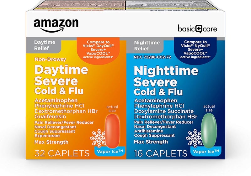 CARE Vapor Ice Day and Night Severe Cold and Flu Relief Caplets Maximum Strength Medicine Combo Pack 48 Count - Image 1