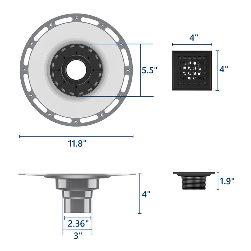 Neodrain 4 in Matte Black Square Shower Drain Brushed 304 Stainless Steel Drain Grate Removable Drain Key with Waterproof Fabric, PVC Bonding Flange Base for Low Profile Shower Pan - Image 3