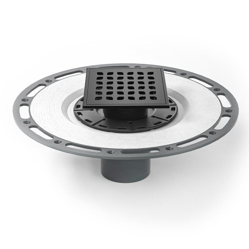 Neodrain 4 in Matte Black Square Shower Drain Brushed 304 Stainless Steel Drain Grate Removable Drain Key with Waterproof Fabric, PVC Bonding Flange Base for Low Profile Shower Pan - Image 1