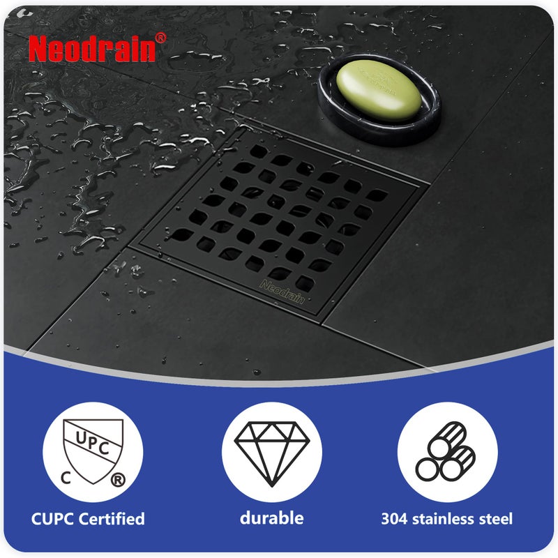 Neodrain 4 in Matte Black Square Shower Drain Brushed 304 Stainless Steel Drain Grate Removable Drain Key with Waterproof Fabric, PVC Bonding Flange Base for Low Profile Shower Pan - Image 5