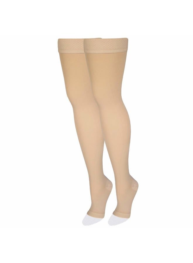NuVein Medical Compression Stockings, 20-30 mmHg Support, Women & Men Thigh Length Hose, Open Toe, Beige, Small - Image 1