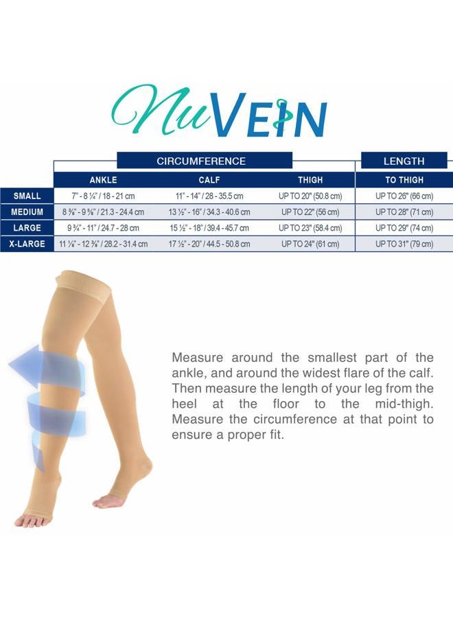 NuVein Medical Compression Stockings, 20-30 mmHg Support, Women & Men Thigh Length Hose, Open Toe, Beige, Small - Image 2