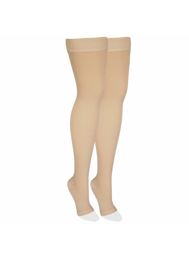 NuVein Medical Compression Stockings, 20-30 mmHg Support, Women & Men Thigh Length Hose, Open Toe, Beige, Small - Image 4