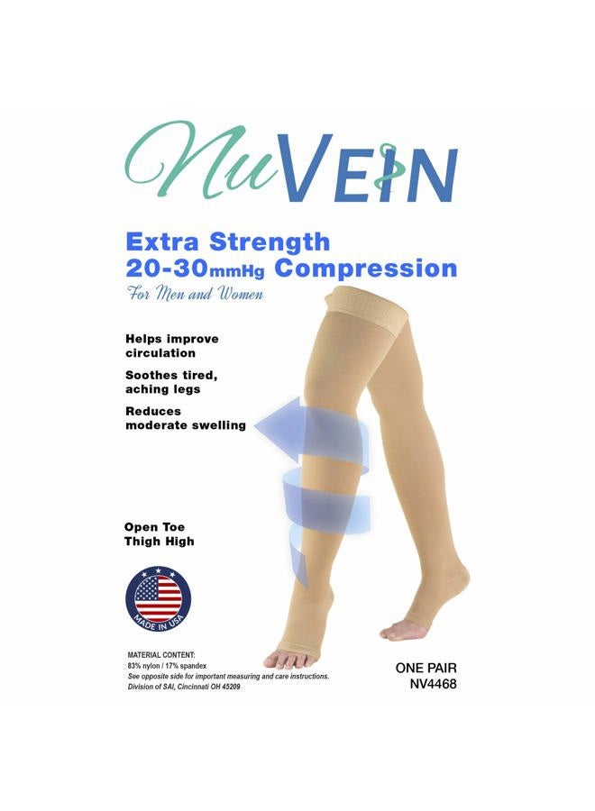 NuVein Medical Compression Stockings, 20-30 mmHg Support, Women & Men Thigh Length Hose, Open Toe, Beige, Small - Image 3