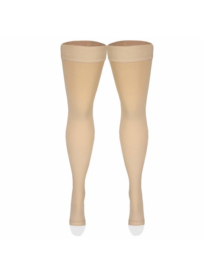 NuVein Medical Compression Stockings, 20-30 mmHg Support, Women & Men Thigh Length Hose, Open Toe, Beige, Small - Image 5