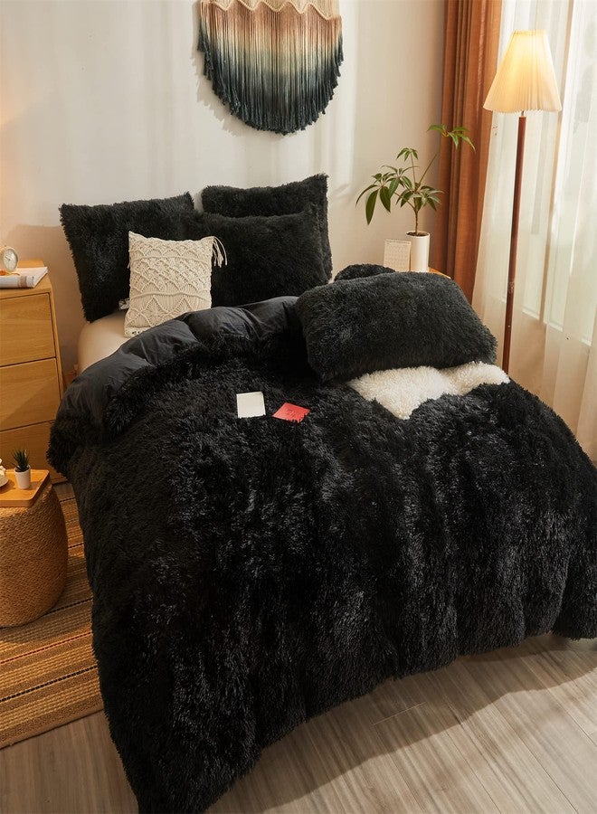 Besfunny Faux Fur Black Comforter Set Queen，Down Alternative Fur Comforter 3pcs Set（1 Plush Comforter +2 Furry Pillow Cases Luxury Modern All Season Microfiber Fill Duvet Insert Bedding (Black, Full/Queen) - Image 1