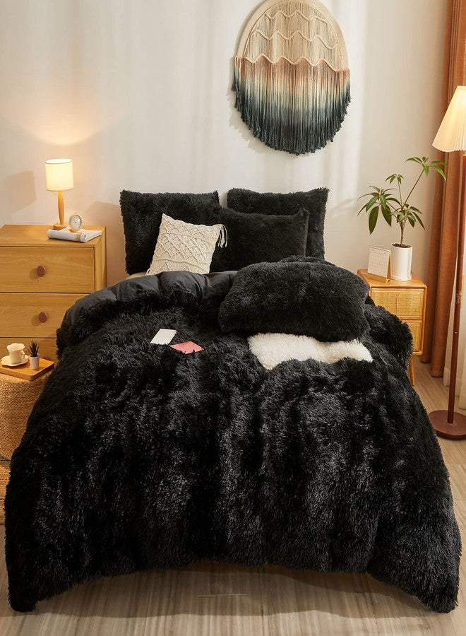 Besfunny Faux Fur Black Comforter Set Queen，Down Alternative Fur Comforter 3pcs Set（1 Plush Comforter +2 Furry Pillow Cases Luxury Modern All Season Microfiber Fill Duvet Insert Bedding (Black, Full/Queen) - Image 2