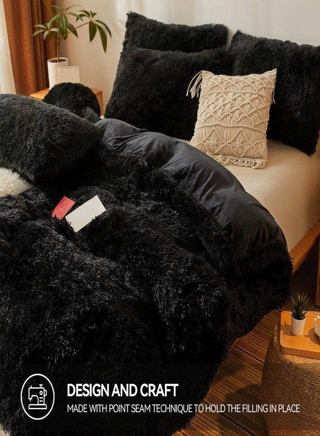 Besfunny Faux Fur Black Comforter Set Queen，Down Alternative Fur Comforter 3pcs Set（1 Plush Comforter +2 Furry Pillow Cases Luxury Modern All Season Microfiber Fill Duvet Insert Bedding (Black, Full/Queen) - Image 5