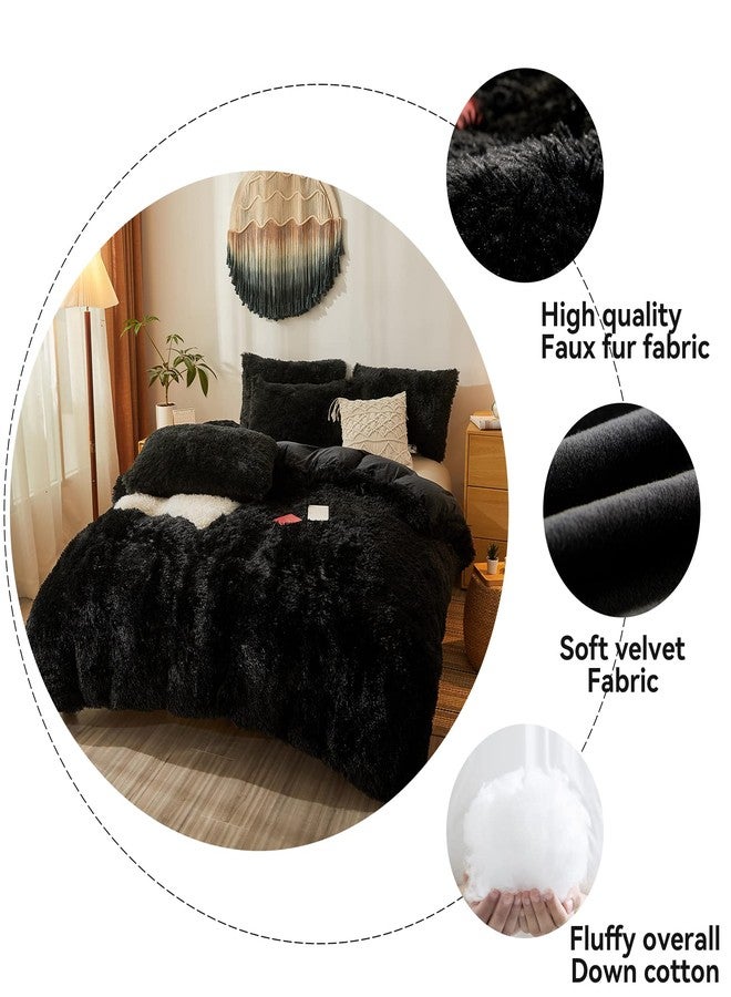 Besfunny Faux Fur Black Comforter Set Queen，Down Alternative Fur Comforter 3pcs Set（1 Plush Comforter +2 Furry Pillow Cases Luxury Modern All Season Microfiber Fill Duvet Insert Bedding (Black, Full/Queen) - Image 4
