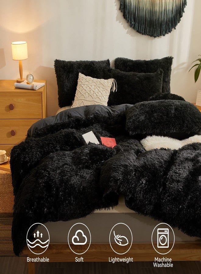 Besfunny Faux Fur Black Comforter Set Queen，Down Alternative Fur Comforter 3pcs Set（1 Plush Comforter +2 Furry Pillow Cases Luxury Modern All Season Microfiber Fill Duvet Insert Bedding (Black, Full/Queen) - Image 3