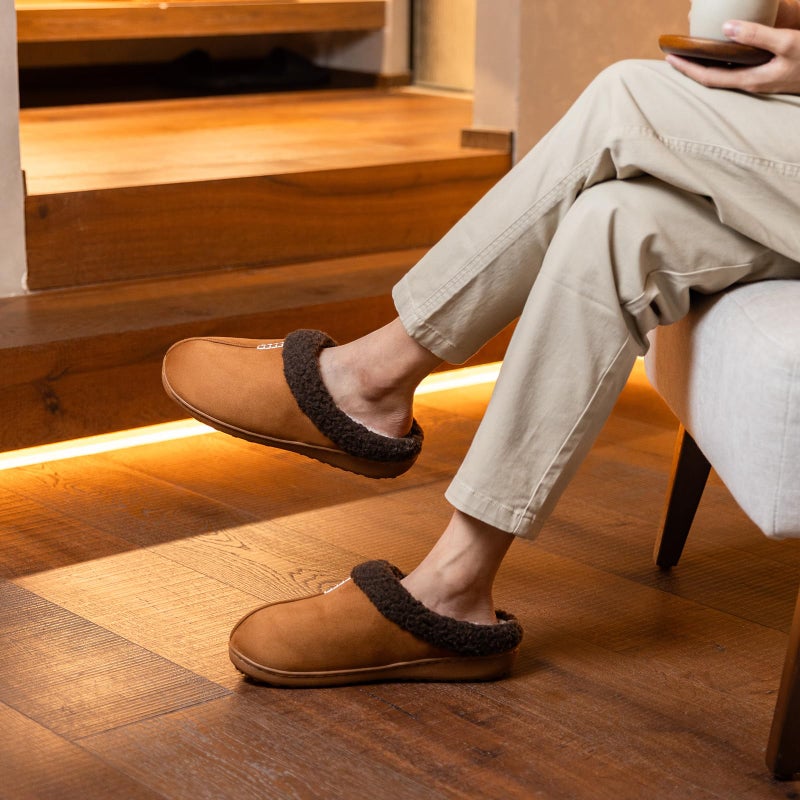GOEWY House Slippers for Men with Memory Foam Indoor Outdoor Moccasin House Shoes Warm Slip On with Non-Slip Sole Gifts For Men Him Dad Brown 9 10 - Image 2