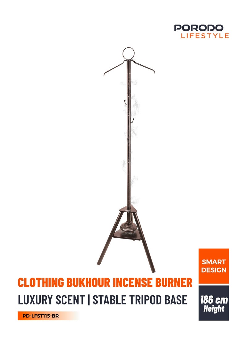 porodo Clothing Bukhour Incense Burner with Stable Tripod Base and 186cm Height / Bakhour / Luxury Scent / Wrinkle Removal & Scenting / Incense Ventilation Holes /Hanger Garment Scenting - Brown - Image 1