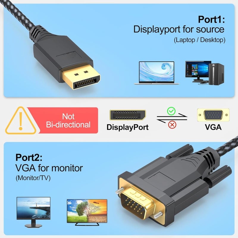 Swiztek كابل DisplayPort إلى VGA بطول 1.8 م، محول DP إلى VGA ذكر إلى ذكر فيديو عالي الدقة 1080P للكمبيوتر، الشاشة، التلفاز، البروجيكتور، الكمبيوتر الشخصي، HDTV، سطح المكتب، اللابتوب - Image 4