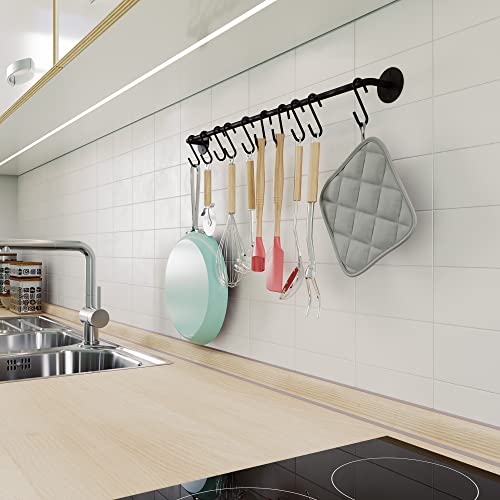 Wallniture 24" Gourmet Kitchen Rail for with 10 S Hooks for Hanging Utensils, Pot Pan Lid Rack Storage Organizer Set, Steel, Black - Image 3