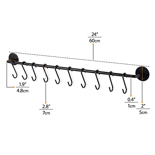 Wallniture 24" Gourmet Kitchen Rail for with 10 S Hooks for Hanging Utensils, Pot Pan Lid Rack Storage Organizer Set, Steel, Black - Image 5