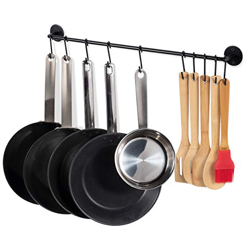 Wallniture 24" Gourmet Kitchen Rail for with 10 S Hooks for Hanging Utensils, Pot Pan Lid Rack Storage Organizer Set, Steel, Black - Image 1
