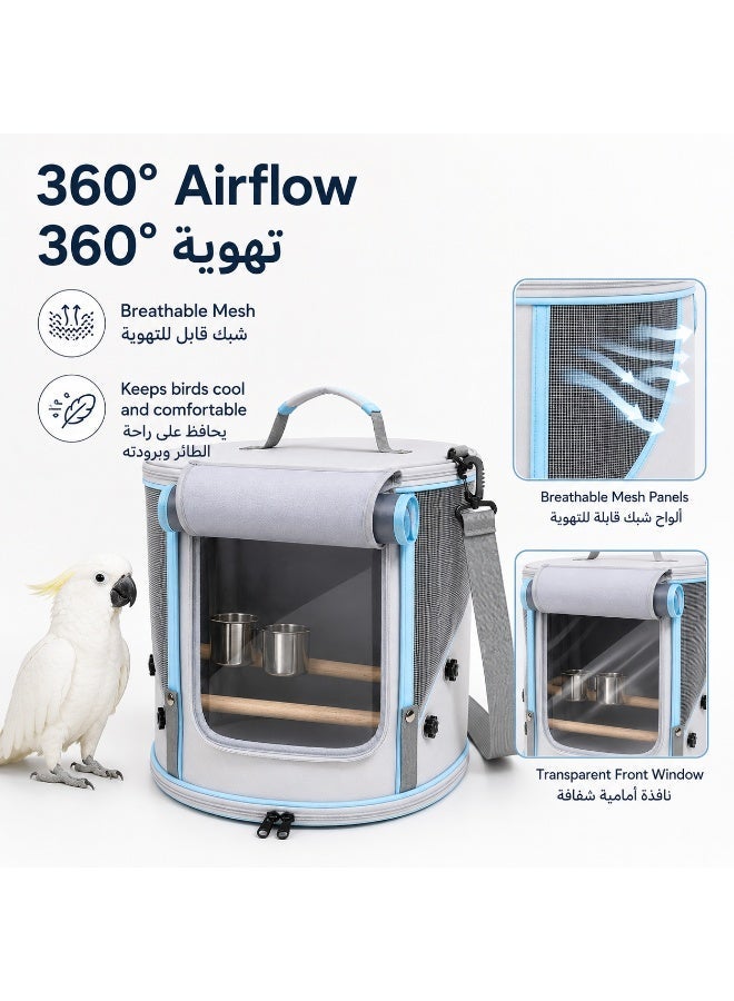 Large Foldable Bird Carrier Bag With Dual Perches And Double Stainless Steel Feeding Cups, Breathable Oxford Parrot Travel Cage With Top Entry For Cockatiel Conure Lovebird, 35×35×33cm,  Grey - Image 3