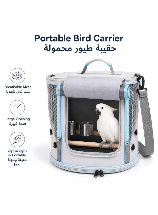 Large Foldable Bird Carrier Bag With Dual Perches And Double Stainless Steel Feeding Cups, Breathable Oxford Parrot Travel Cage With Top Entry For Cockatiel Conure Lovebird, 35×35×33cm,  Grey - Image 2