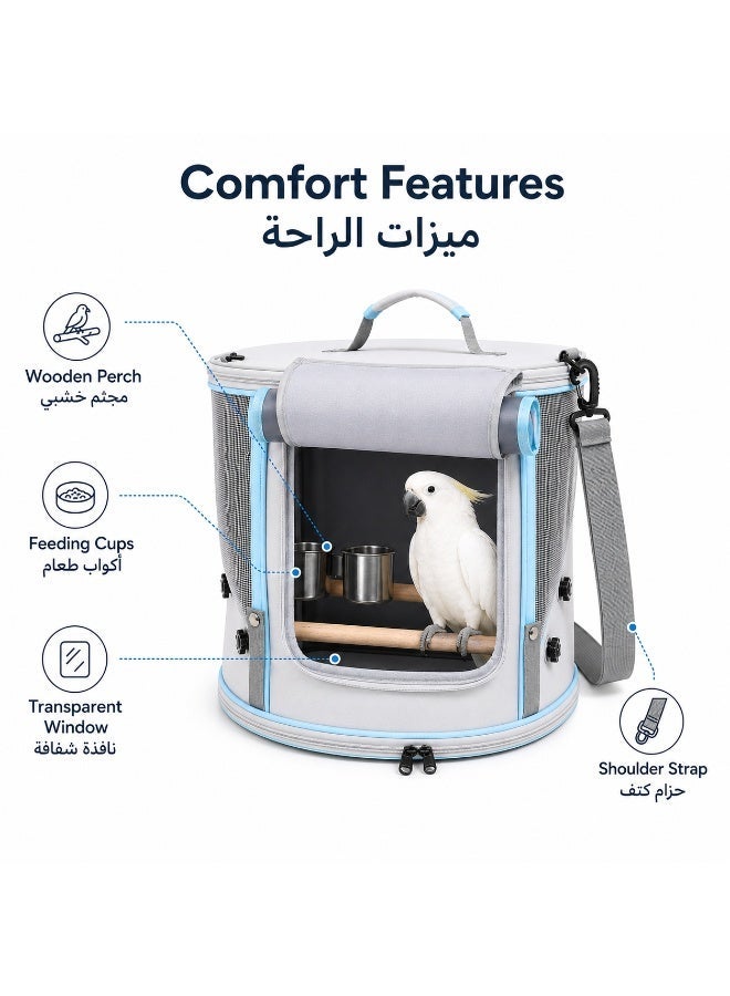 Large Foldable Bird Carrier Bag With Dual Perches And Double Stainless Steel Feeding Cups, Breathable Oxford Parrot Travel Cage With Top Entry For Cockatiel Conure Lovebird, 35×35×33cm,  Grey - Image 5