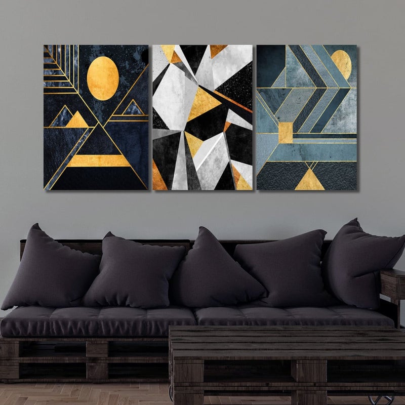 Marktna Three canvas panels with a geometric design and a hollow frame, measuring (150×70), three pieces - Image 1