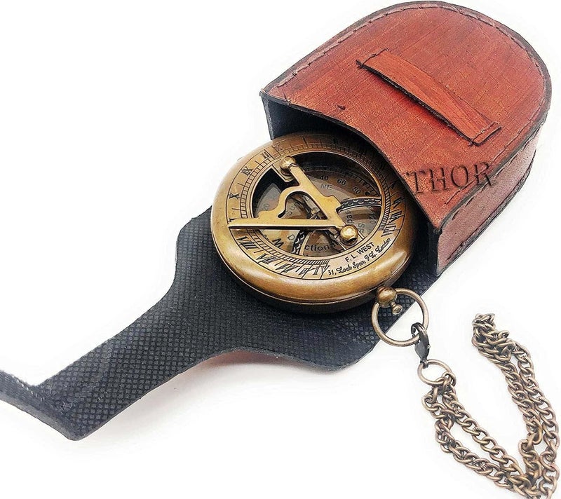THOR INSTRUMENTS Brass Sundial Compass with Leather Case and Chain | Push Open Compass | Vintage Steampunk Accessory Pocket Compass | Beautiful Handmade Gift Sundial Clock | Antiquated Finish Pocket Compass - Image 3