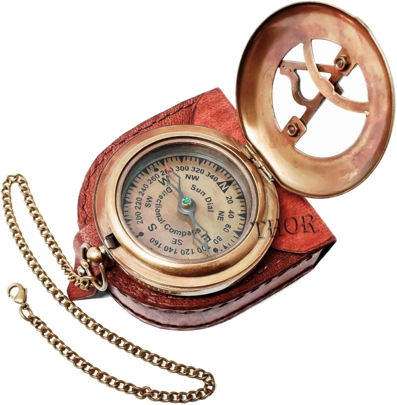 THOR INSTRUMENTS Brass Sundial Compass with Leather Case and Chain | Push Open Compass | Vintage Steampunk Accessory Pocket Compass | Beautiful Handmade Gift Sundial Clock | Antiquated Finish Pocket Compass - Image 2