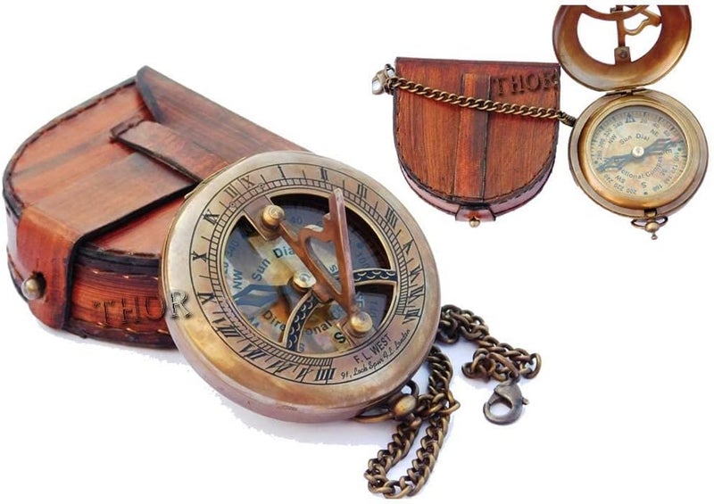 THOR INSTRUMENTS Brass Sundial Compass with Leather Case and Chain | Push Open Compass | Vintage Steampunk Accessory Pocket Compass | Beautiful Handmade Gift Sundial Clock | Antiquated Finish Pocket Compass - Image 1