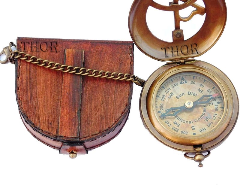 THOR INSTRUMENTS Brass Sundial Compass with Leather Case and Chain | Push Open Compass | Vintage Steampunk Accessory Pocket Compass | Beautiful Handmade Gift Sundial Clock | Antiquated Finish Pocket Compass - Image 4