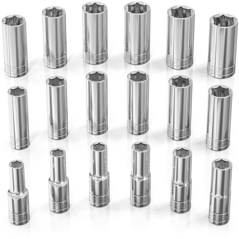 Olsa Tools Metric Deep Socket Set 12Inch Drive 18pc 6Point Chrome Sockets from 10mm27mm and No Skipped Sizes Mechanic Deep Metric Socket Set Professional Grade Long Sockets Part 1325