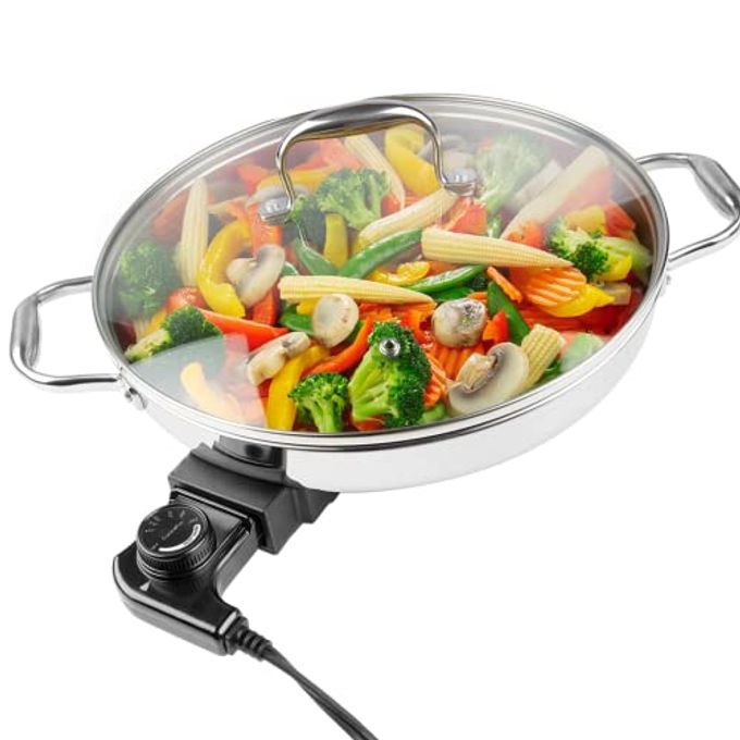 Electric Skillet By Cucina Pro - 18/10 Stainless Steel Frying Pan with Tempered Glass Lid and Handles, 12" Round, Adjustable Temperature Control Knob, Portable and Includes Recipe Guide, Great Gift