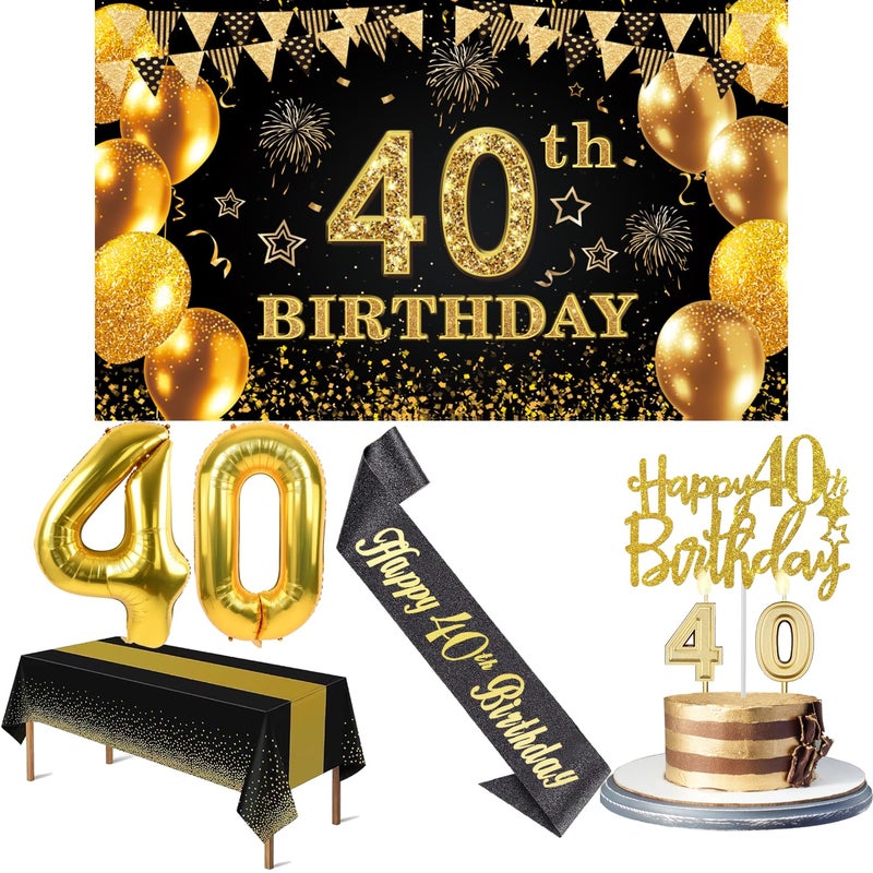 40th Birthday Decorations Men Women with 40th Birthday Banner Black and Gold Table Cloth Number BalloonsLarge Sash Cake Topper and Candles