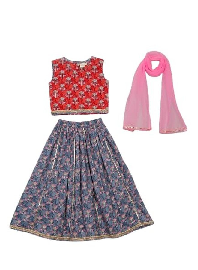 Saka Designs Girls Floral Printed Lehenga Choli With Dupatta - Grey & Pink - Image 1