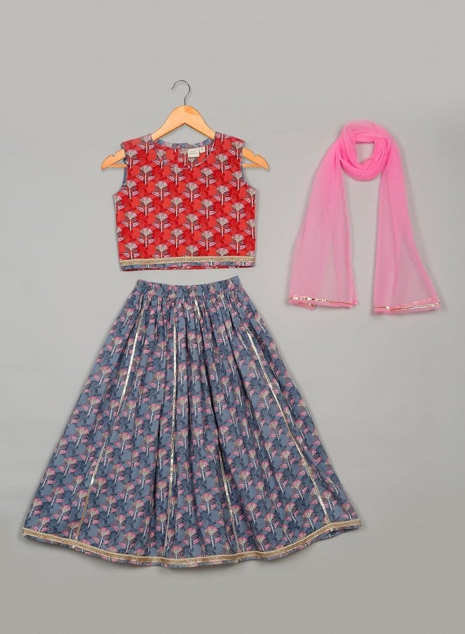 Saka Designs Girls Floral Printed Lehenga Choli With Dupatta - Grey & Pink - Image 3