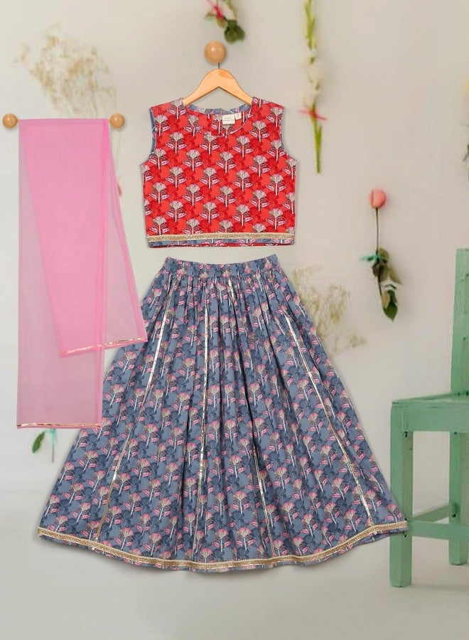 Saka Designs Girls Floral Printed Lehenga Choli With Dupatta - Grey & Pink - Image 2