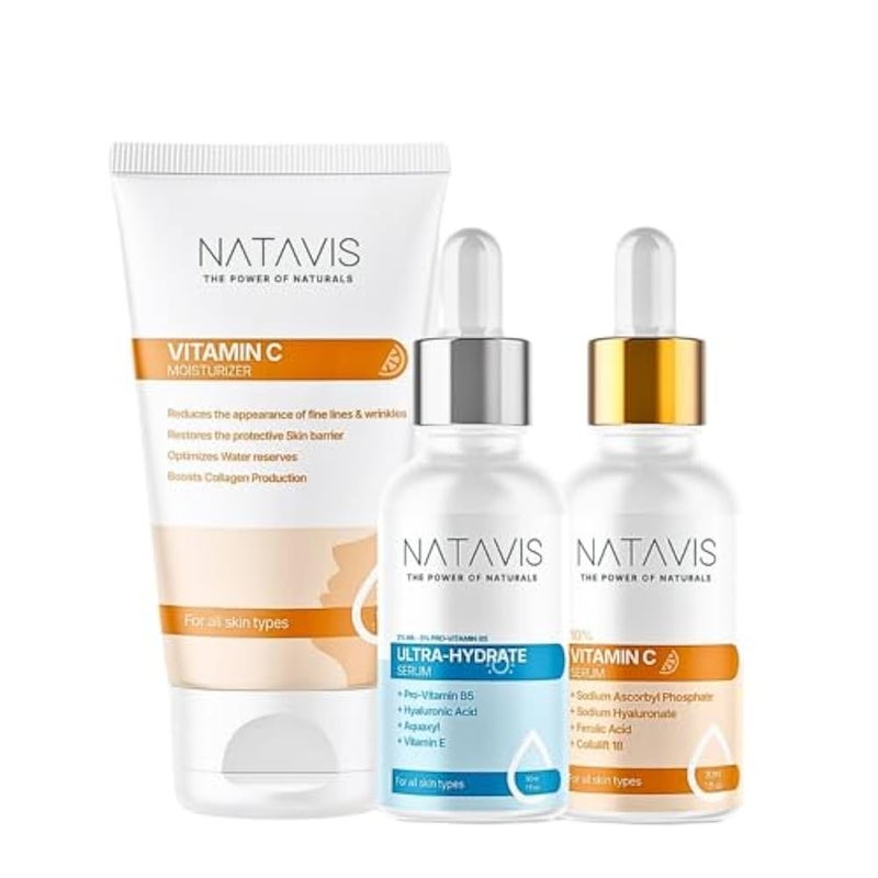 Natavis Ultra-Hydrate Serum 30 Ml + Vitamin C Moisturizer 50 ml + Natavis Vitamin C Serum 30 ml - Hyaluronic acid & Ferulic acid - Collagen Boosting - Hydrating Skincare Routine - Image 1