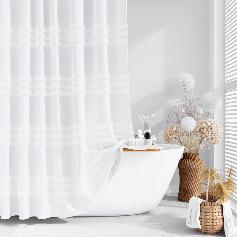Dynamene White Fabric Shower Curtain, Tufted Chenille Striped Textured Cloth Shower Curtain for Bathroom, Modern Farmhouse Shabby Chic Waterproof Shower Curtain Set with Hook, Machine Washable, 72x72 - Image 1