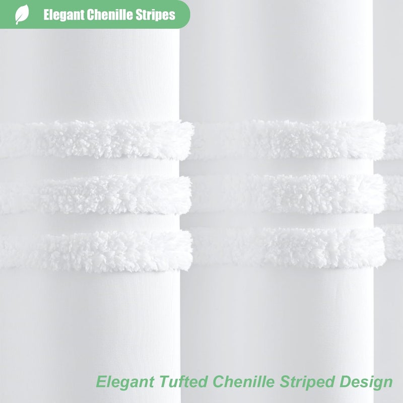Dynamene White Fabric Shower Curtain, Tufted Chenille Striped Textured Cloth Shower Curtain for Bathroom, Modern Farmhouse Shabby Chic Waterproof Shower Curtain Set with Hook, Machine Washable, 72x72 - Image 2