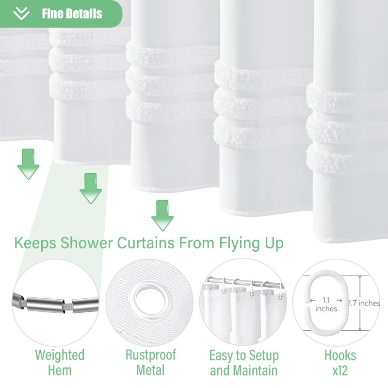 Dynamene White Fabric Shower Curtain, Tufted Chenille Striped Textured Cloth Shower Curtain for Bathroom, Modern Farmhouse Shabby Chic Waterproof Shower Curtain Set with Hook, Machine Washable, 72x72 - Image 5