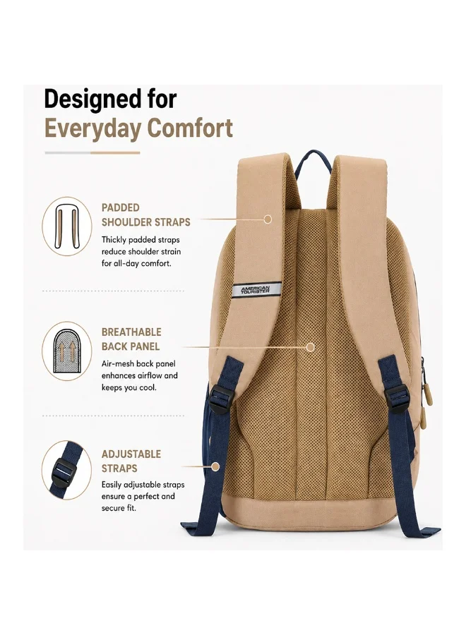 American Tourister Beige Daybreak Backpack 22L Capacity, 100% Polyester, Beige|15.6" Laptop Compartment|Tractum Strap|Elastic Pocket|Ergo Back & Shoulder|Bottle Holder|Front Storage Pocket - 1 Year International Warranty  | Best Price UAE