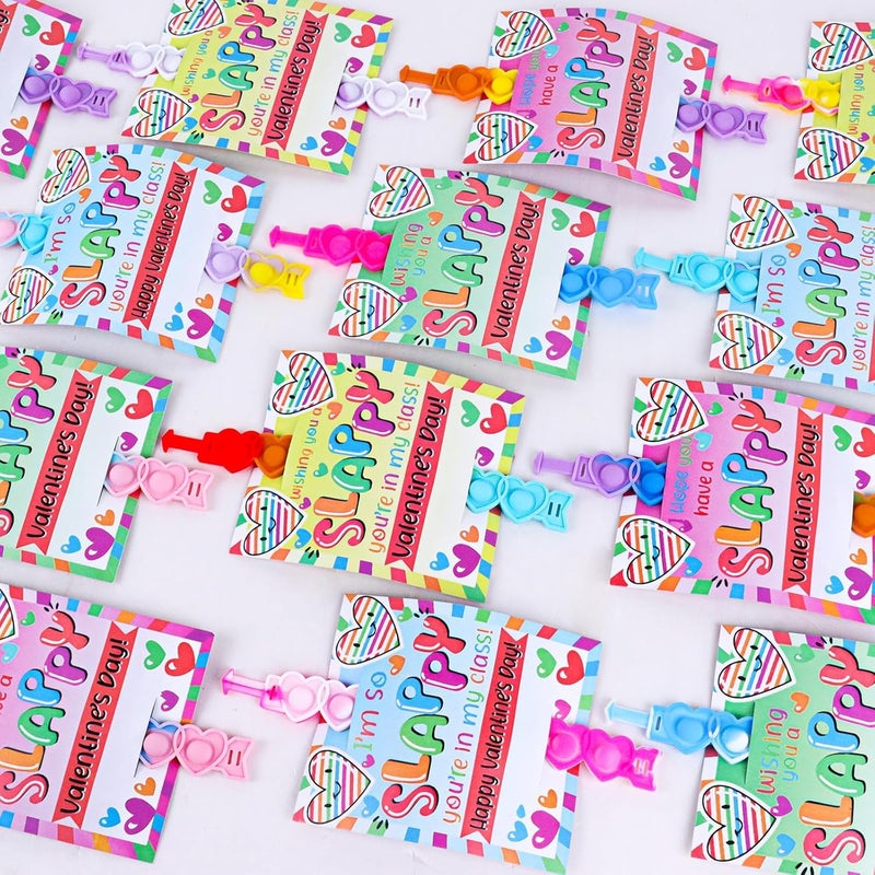 JDSTY 24 Packs Valentine Day Party Favors Kids Heart Pop Fidget Toys Bulk Bracelets Cards for Kids School Classroom Prizes Valentines School Class Exchange Cards and Kids Party Favors - Image 3