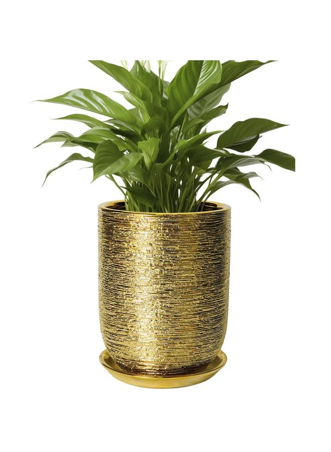 SUNPOTFOR 8 Inch Plant Pot with Drainage Hole and Saucer Ceramic Pots for Indoor Plants, Golden - Image 1