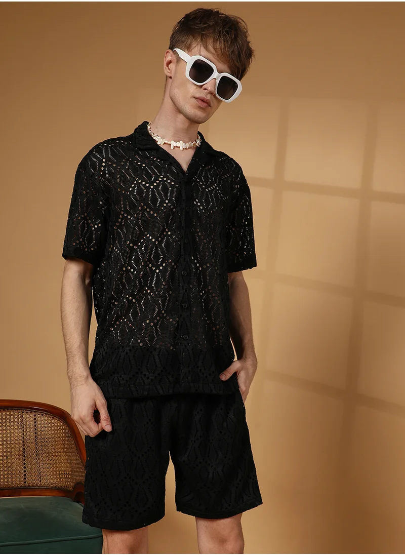 Campus Sutra Men's Raven Black Boho Knit Co-Ord Set