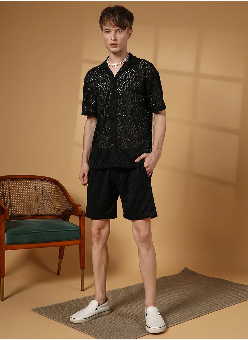 Campus Sutra Men's Raven Black Boho Knit Co-Ord Set