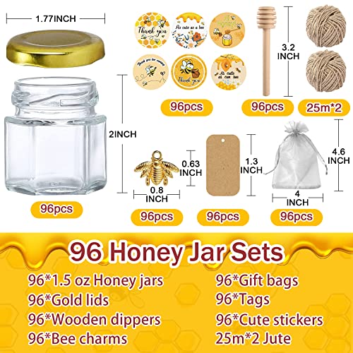 Aliggbent 96 Pack Mini Honey Jars Party Favors in Bulk, 1.5 oz Small Hexagon Glass Honey Jars with Dippers, Lids, Cute Stickers, Bee Charms, Gift Bags and Jute for Baby Showers, Weddings & Birthdays - Image 2