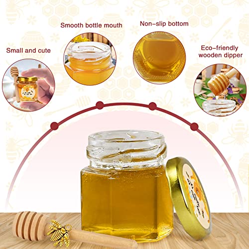 Aliggbent 96 Pack Mini Honey Jars Party Favors in Bulk, 1.5 oz Small Hexagon Glass Honey Jars with Dippers, Lids, Cute Stickers, Bee Charms, Gift Bags and Jute for Baby Showers, Weddings & Birthdays - Image 3