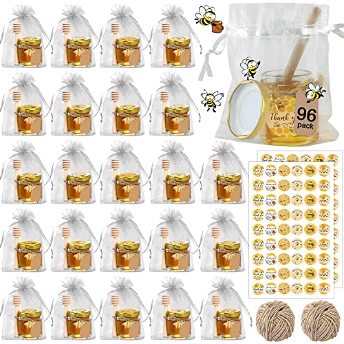 Aliggbent 96 Pack Mini Honey Jars Party Favors in Bulk, 1.5 oz Small Hexagon Glass Honey Jars with Dippers, Lids, Cute Stickers, Bee Charms, Gift Bags and Jute for Baby Showers, Weddings & Birthdays - Image 1
