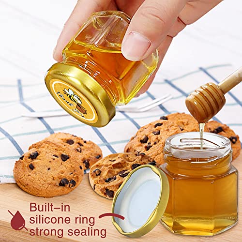 Aliggbent 96 Pack Mini Honey Jars Party Favors in Bulk, 1.5 oz Small Hexagon Glass Honey Jars with Dippers, Lids, Cute Stickers, Bee Charms, Gift Bags and Jute for Baby Showers, Weddings & Birthdays - Image 4